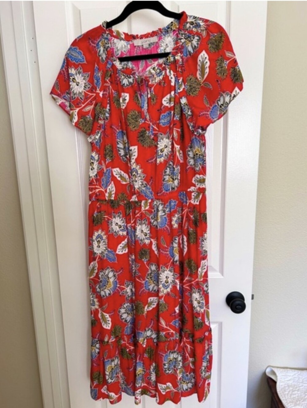 Loft Red Floral Midi Dress with Smocked Waist Large